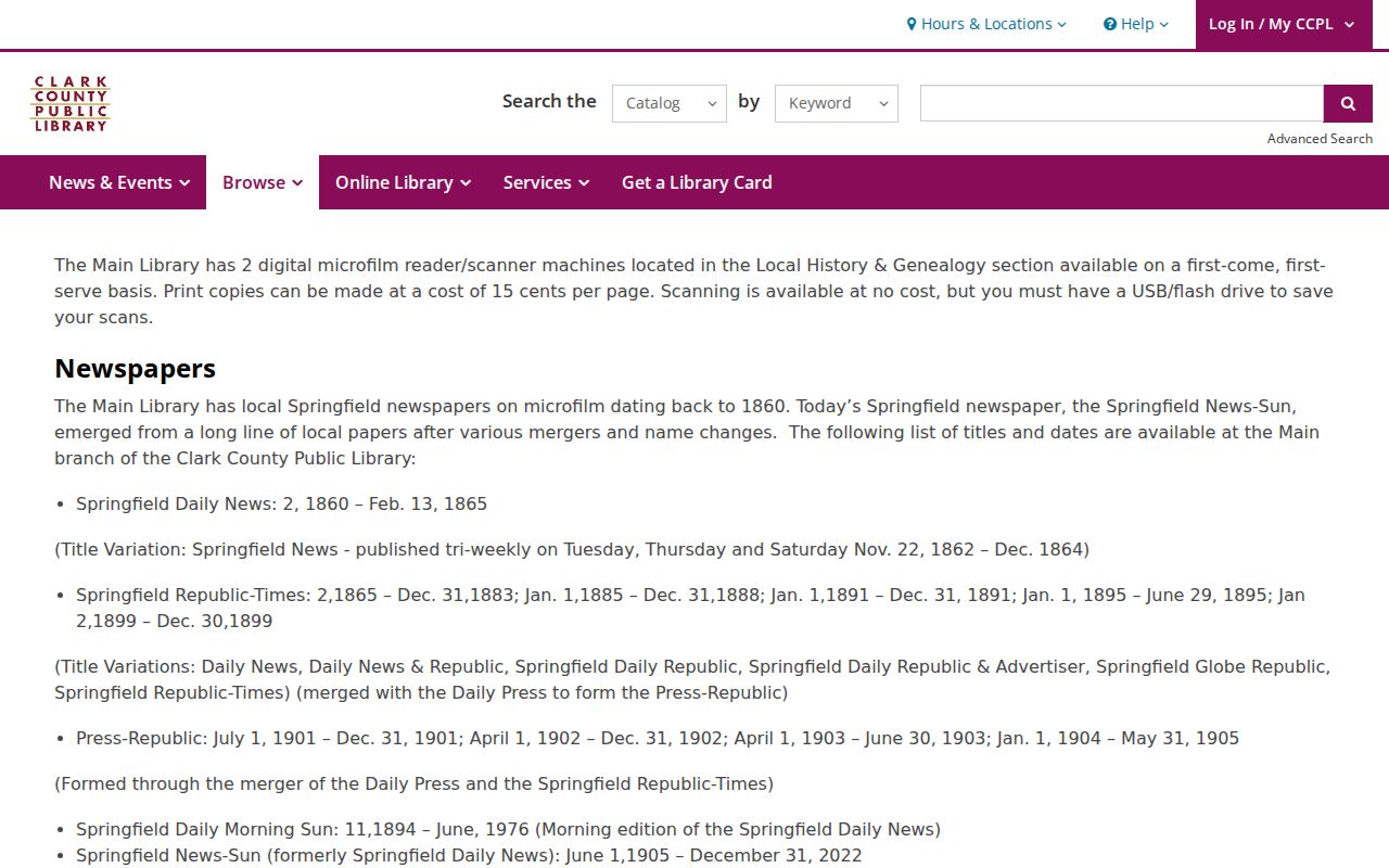 Springfield city directory and Clark County Public Library genealogy microfilm research