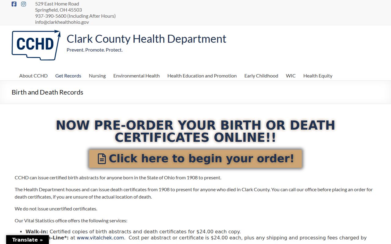 Springfield residents directory Clark County vital records order page