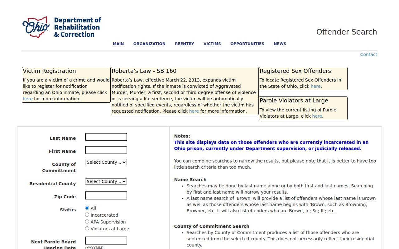 Springfield residents directory Ohio DRC offender search limitations
