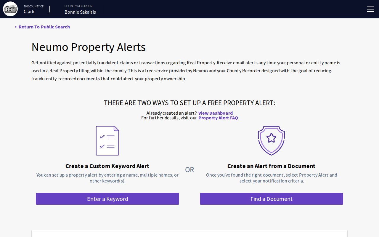 Springfield neighbors Clark County Recorder Property Alert page